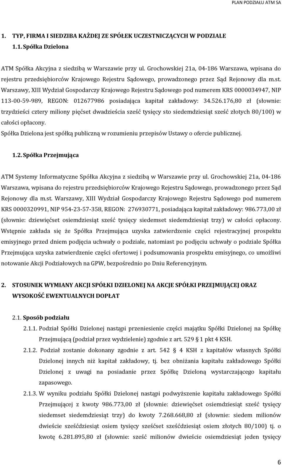 u przedsiębiorców Krajowego Rejestru Sądowego, prowadzonego przez Sąd Rejonowy dla m.st. Warszawy, XIII Wydział Gospodarczy Krajowego Rejestru Sądowego pod numerem KRS 0000034947, NIP 113-00-59-989, REGON: 012677986 posiadająca kapitał zakładowy: 34.