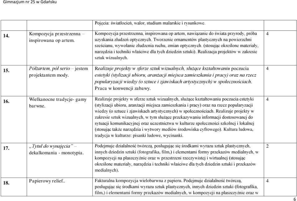 Tworzenie ornamentów plastycznych na powierzchni sześcianu, wywołanie złudzenia ruchu, zmian optycznych. (stosując określone materiały, narzędzia i techniki właściwe dla tych dziedzin sztuki).