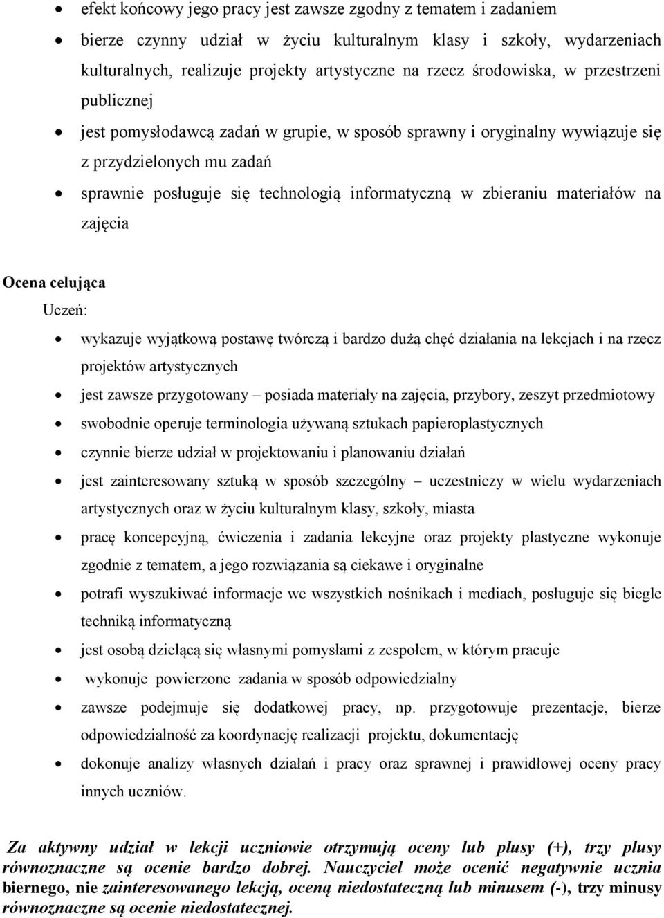 zbieraniu materiałów na zajęcia Ocena celująca wykazuje wyjątkową postawę twórczą i bardzo dużą chęć działania na lekcjach i na rzecz projektów artystycznych jest zawsze przygotowany posiada