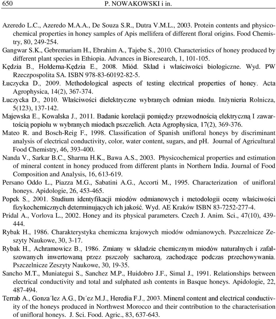 Kędzia B., Hołderna-Kędzia E., 2008. Miód. Skład i właściwości biologiczne. Wyd. PW Rzeczpospolita SA. ISBN 978-83-60192-82-5. Łuczycka D., 2009.