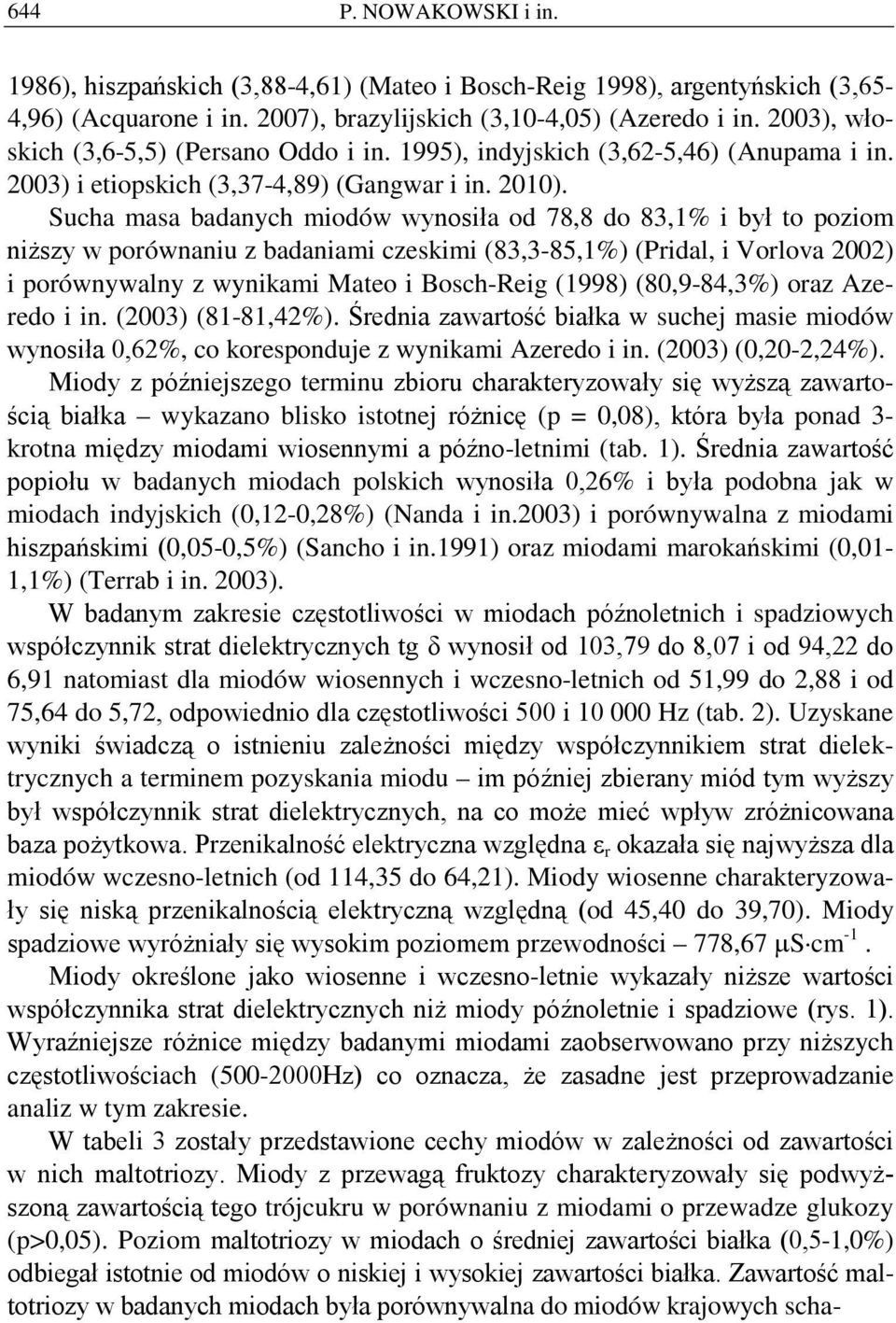 Sucha masa badanych miodów wynosiła od 78,8 do 83,1% i był to poziom niższy w porównaniu z badaniami czeskimi (83,3-85,1%) (Pridal, i Vorlova 2002) i porównywalny z wynikami Mateo i Bosch-Reig (1998)