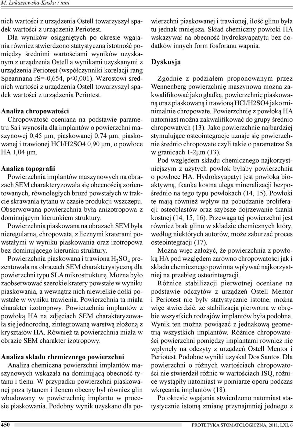 korelacji rang Spearmana rs=-0,654, p<0,001). Wzrostowi średnich wartości z urządzenia towarzyszył spadek wartości z urządzenia.