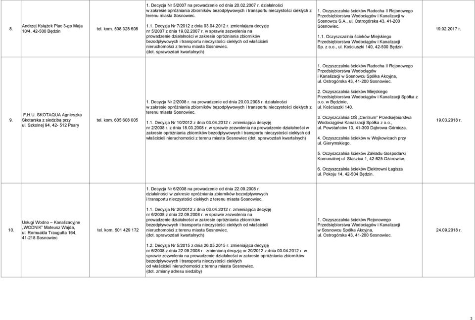 w sprawie zezwolenia na prowadzenie działalności w zakresie opróżniania zbiorników bezodpływowych i transportu nieczystości ciekłych od właścicieli nieruchomości z 1.