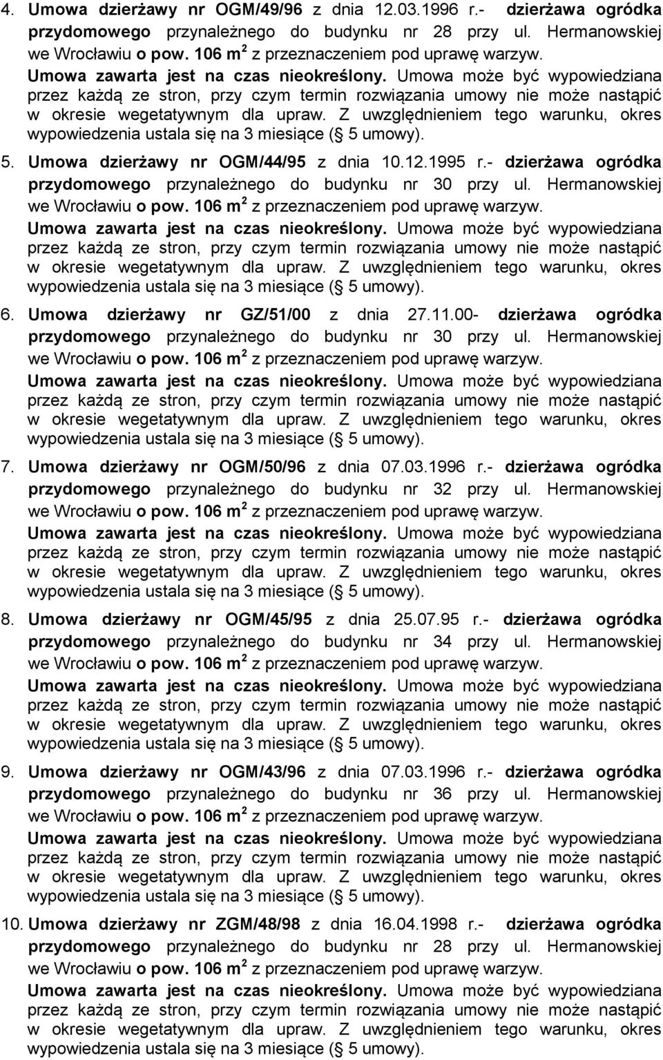 00- dzierżawa ogródka przydomowego przynależnego do budynku nr 30 przy ul. Hermanowskiej 7. Umowa dzierżawy nr OGM/50/96 z dnia 07.03.1996 r.