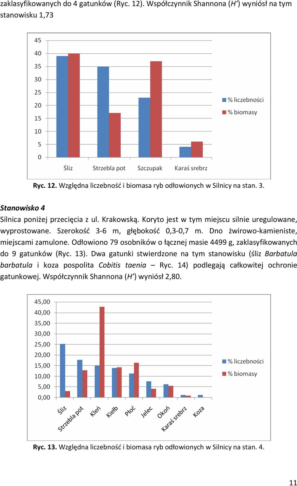 Dno żwirowo-kamieniste, miejscami zamulone. Odłowiono 79 osobników o łącznej masie 4499 g, zaklasyfikowanych do 9 gatunków (Ryc. 13).