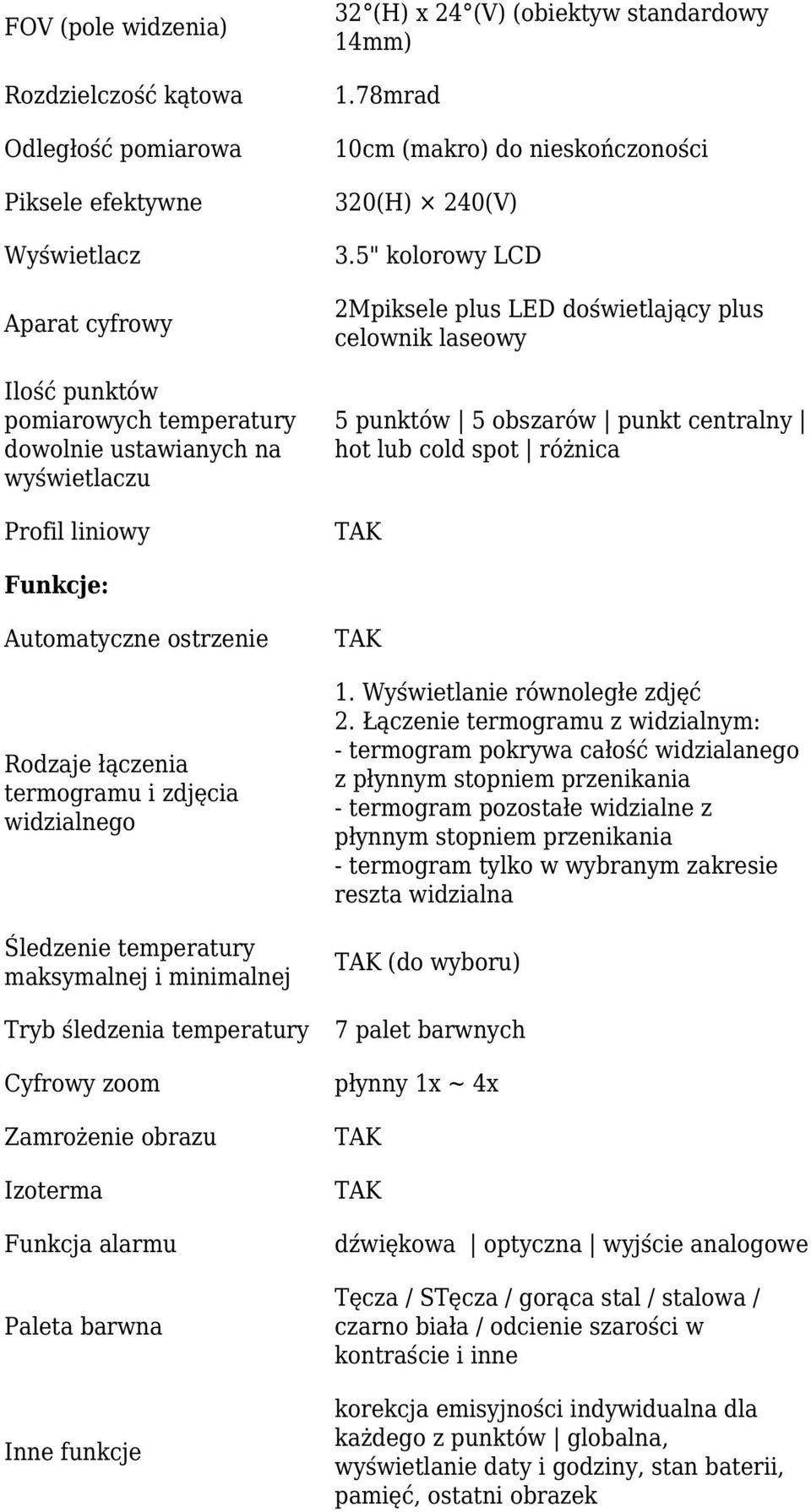 5" kolorowy LCD 2Mpiksele plus LED doświetlający plus celownik laseowy 5 punktów 5 obszarów punkt centralny hot lub cold spot różnica Funkcje: Automatyczne ostrzenie Rodzaje łączenia termogramu i