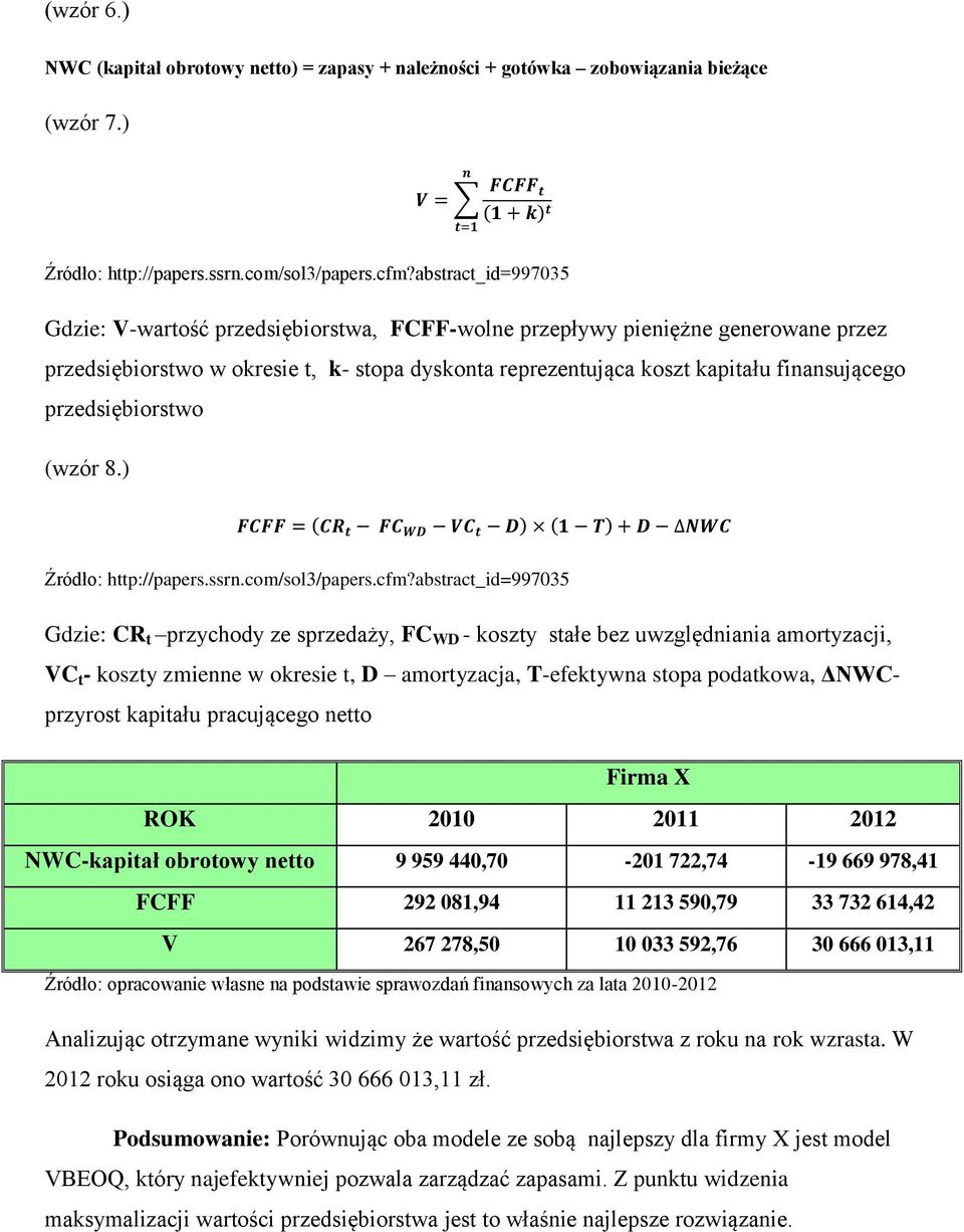 8.) Gdzie: CR t przychody ze sprzedaży, FC WD - koszty stałe bez uwzględniania amortyzacji, VC t - koszty zmienne w okresie t, D amortyzacja, T-efektywna stopa podatkowa, ΔNWCprzyrost kapitału