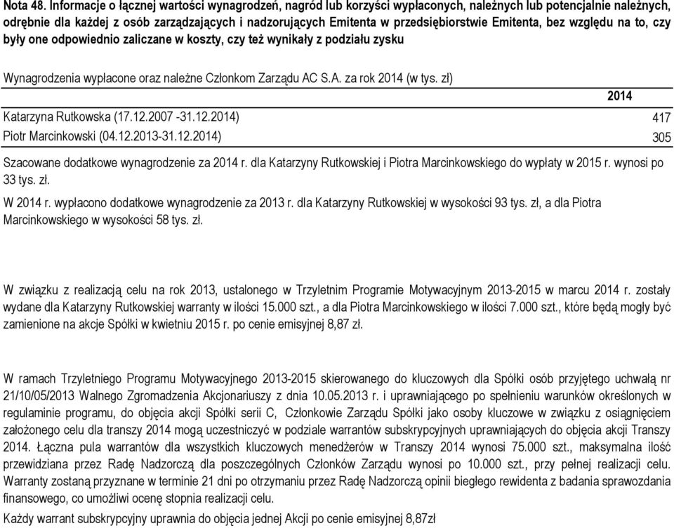 przedsiębiorstwie Emitenta, bez względu na to, czy były one odpowiednio zaliczane w koszty, czy też wynikały z podziału zysku Wynagrodzenia wypłacone oraz należne Członkom Zarządu AC