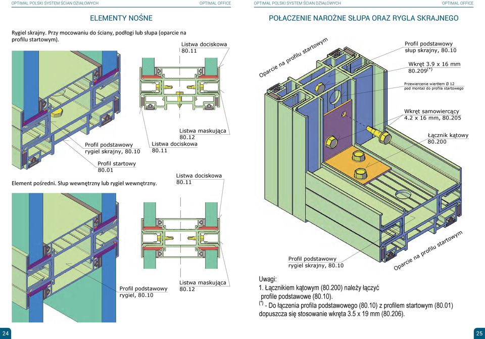 205 Profil podstawowy rygiel skrajny, 80.10 Listwa maskująca 80.12 Listwa dociskowa 80.11 Łącznik kątowy 80.200 Profil startowy 80.01 Element pośredni. Słup wewnętrzny lub rygiel wewnętrzny.