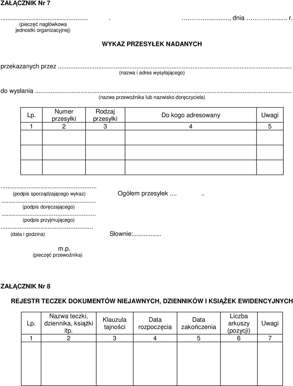 .. (podpis sporządzającego wykaz) Ogółem przesyłek........ (podpis doręczającego)... (podpis przyjmującego)... (data i godzina) Słownie:... m.p. (pieczęć przewoźnika) ZAŁĄCZNIK Nr 8 REJESTR TECZEK DOKUMENTÓW NIEJAWNYCH, DZIENNIKÓW I KSIĄśEK EWIDENCYJNYCH Nazwa teczki, dziennika, ksiąŝki itp.