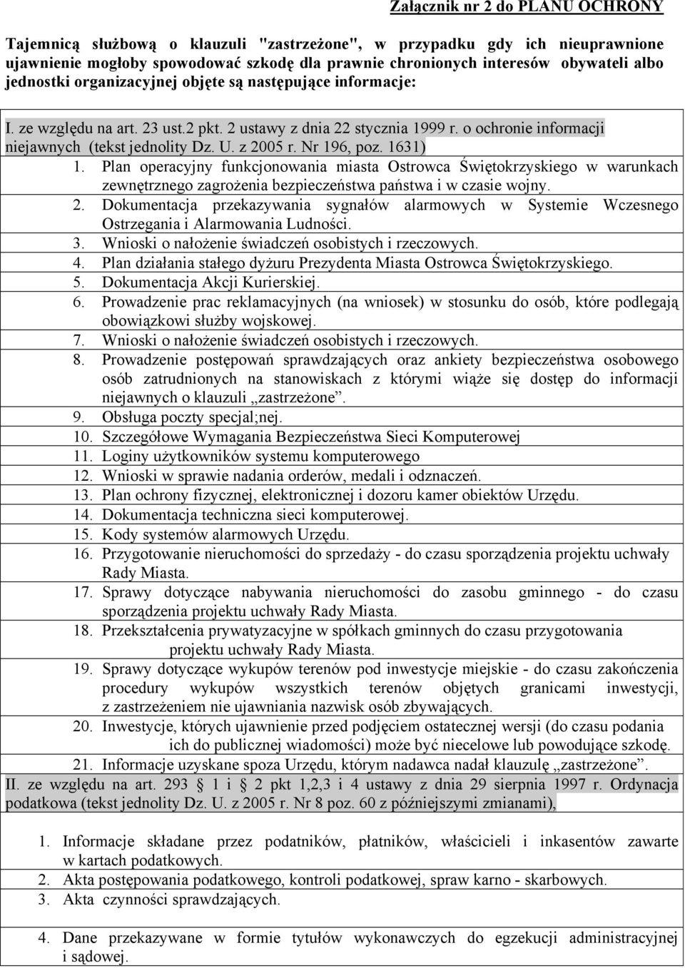 Nr 196, poz. 1631) 1. Plan operacyjny funkcjonowania miasta Ostrowca Świętokrzyskiego w warunkach zewnętrznego zagrożenia bezpieczeństwa państwa i w czasie wojny. 2.