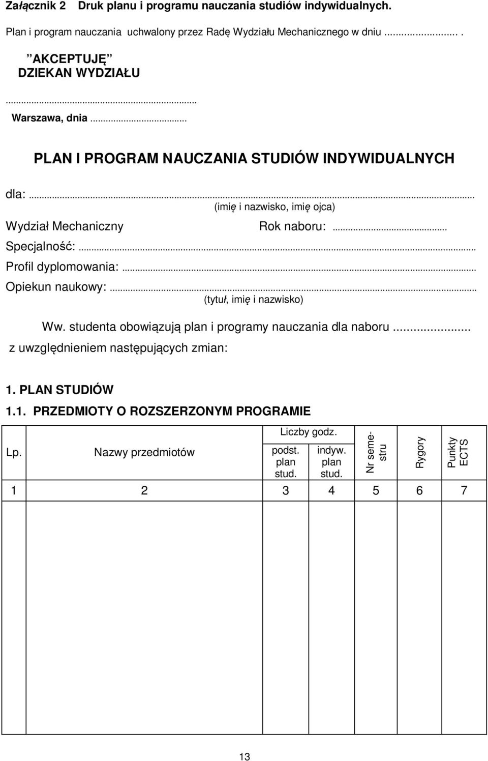 .. Specjalność:... Profil dyplomowania:... Opiekun naukowy:... (tytuł, imię i nazwisko) Ww. studenta obowiązują plan i programy nauczania dla naboru.