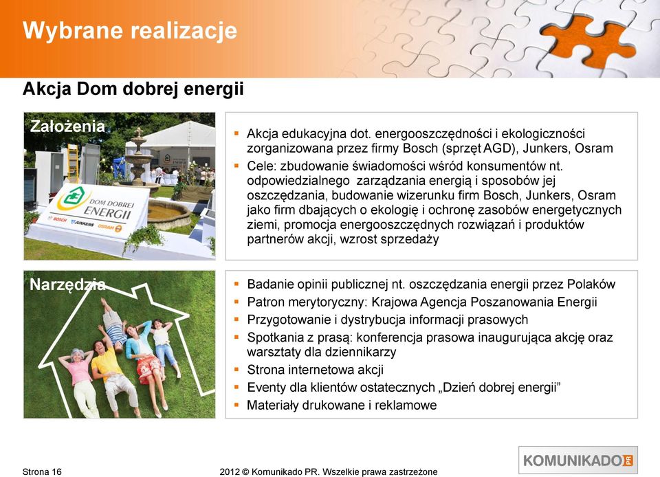 odpowiedzialnego zarządzania energią i sposobów jej oszczędzania, budowanie wizerunku firm Bosch, Junkers, Osram jako firm dbających o ekologię i ochronę zasobów energetycznych ziemi, promocja