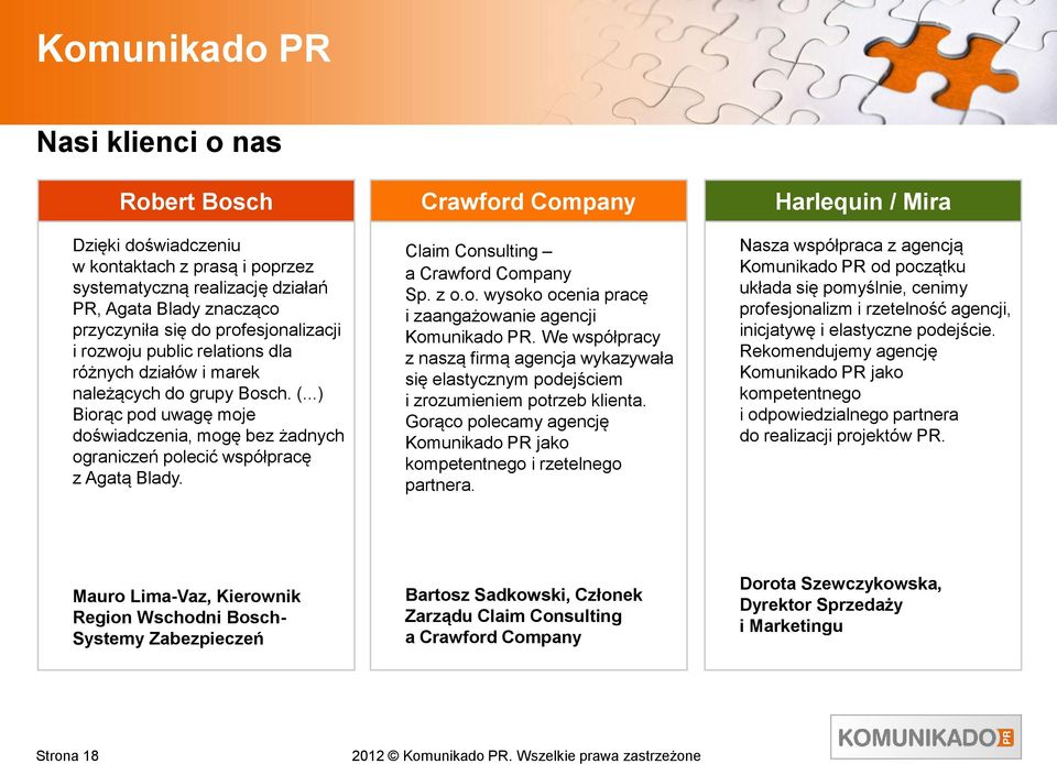 Crawford Company Claim Consulting a Crawford Company Sp. z o.o. wysoko ocenia pracę i zaangażowanie agencji Komunikado PR.