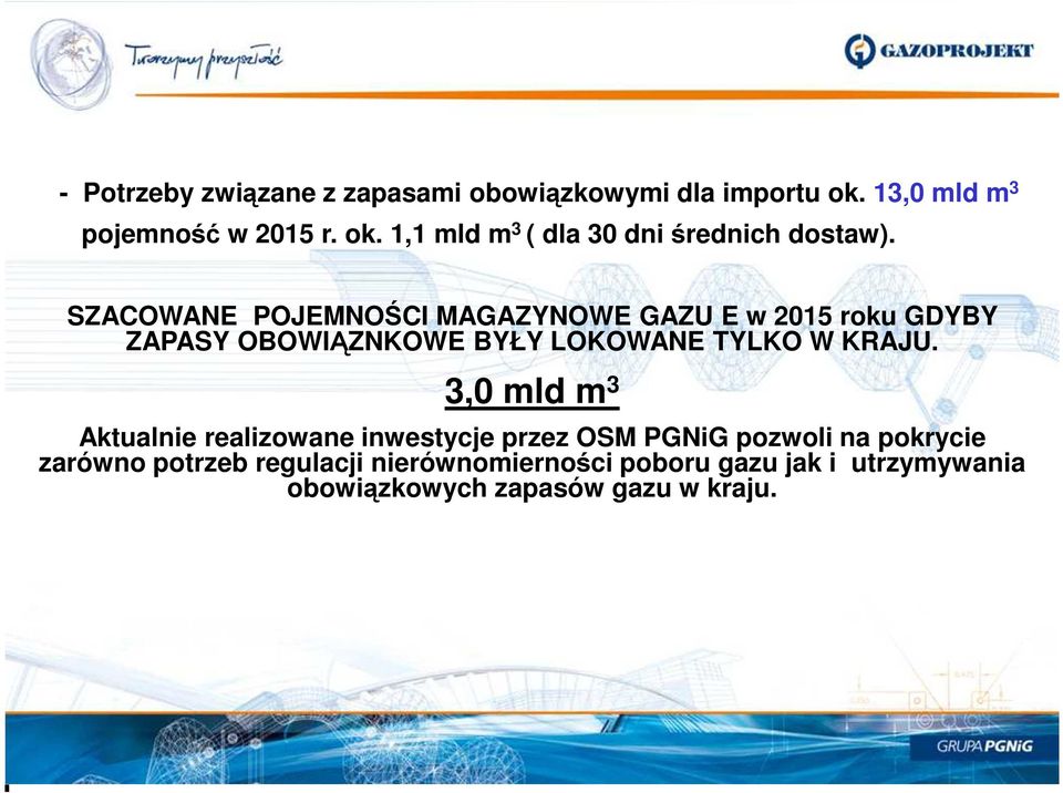 3,0 mld m 3 Aktualnie realizowane inwestycje przez OSM PGNiG pozwoli na pokrycie zarówno potrzeb regulacji