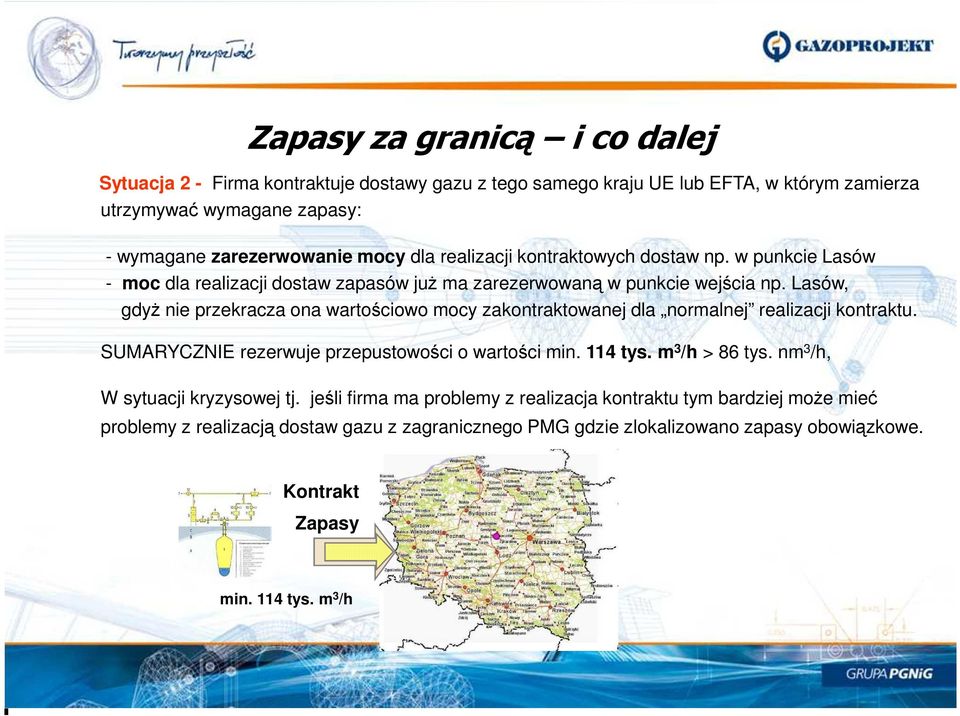 Lasów, gdyż nie przekracza ona wartościowo mocy zakontraktowanej dla normalnej realizacji kontraktu. SUMARYCZNIE rezerwuje przepustowości o wartości min. 114 tys. m 3 /h > 86 tys.