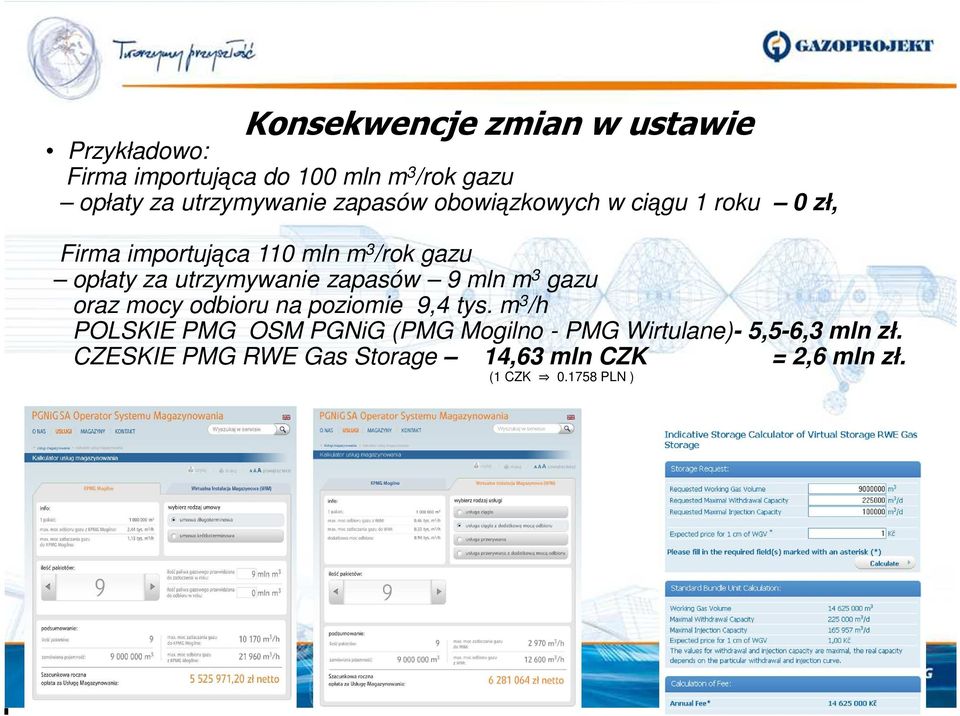 utrzymywanie zapasów 9 mln m 3 gazu oraz mocy odbioru na poziomie 9,4 tys.