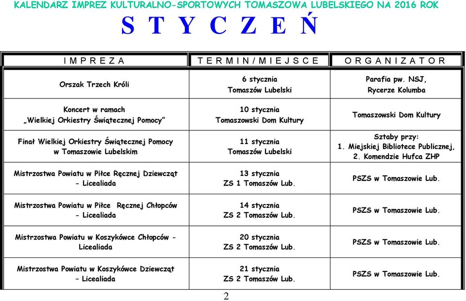 1 Tomaszów Lub. Parafia pw. NSJ, Rycerze Kolumba Sztaby przy: 1. Miejskiej Bibliotece Publicznej, 2.