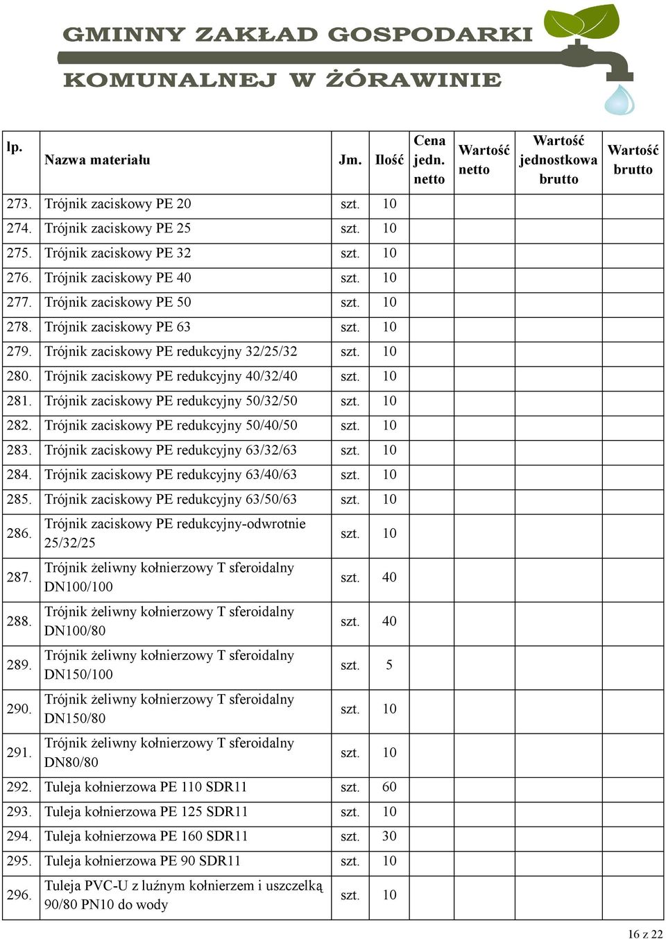 Trójnik zaciskowy PE redukcyjny 63/32/63 284. Trójnik zaciskowy PE redukcyjny 63/40/63 285. Trójnik zaciskowy PE redukcyjny 63/50/63 286. Trójnik zaciskowy PE redukcyjny-odwrotnie 25/32/25 287.