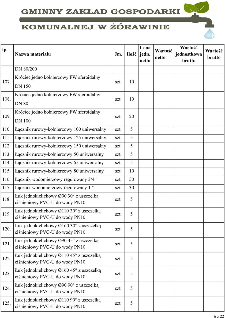 Łącznik rurowy-kołnierzowy 65 uniwersalny 115. Łącznik rurowy-kołnierzowy 80 uniwersalny 116. Łącznik wodomierzowy regulowany 3/4 '' 0 117. Łącznik wodomierzowy regulowany 1 '' szt. 30 118.