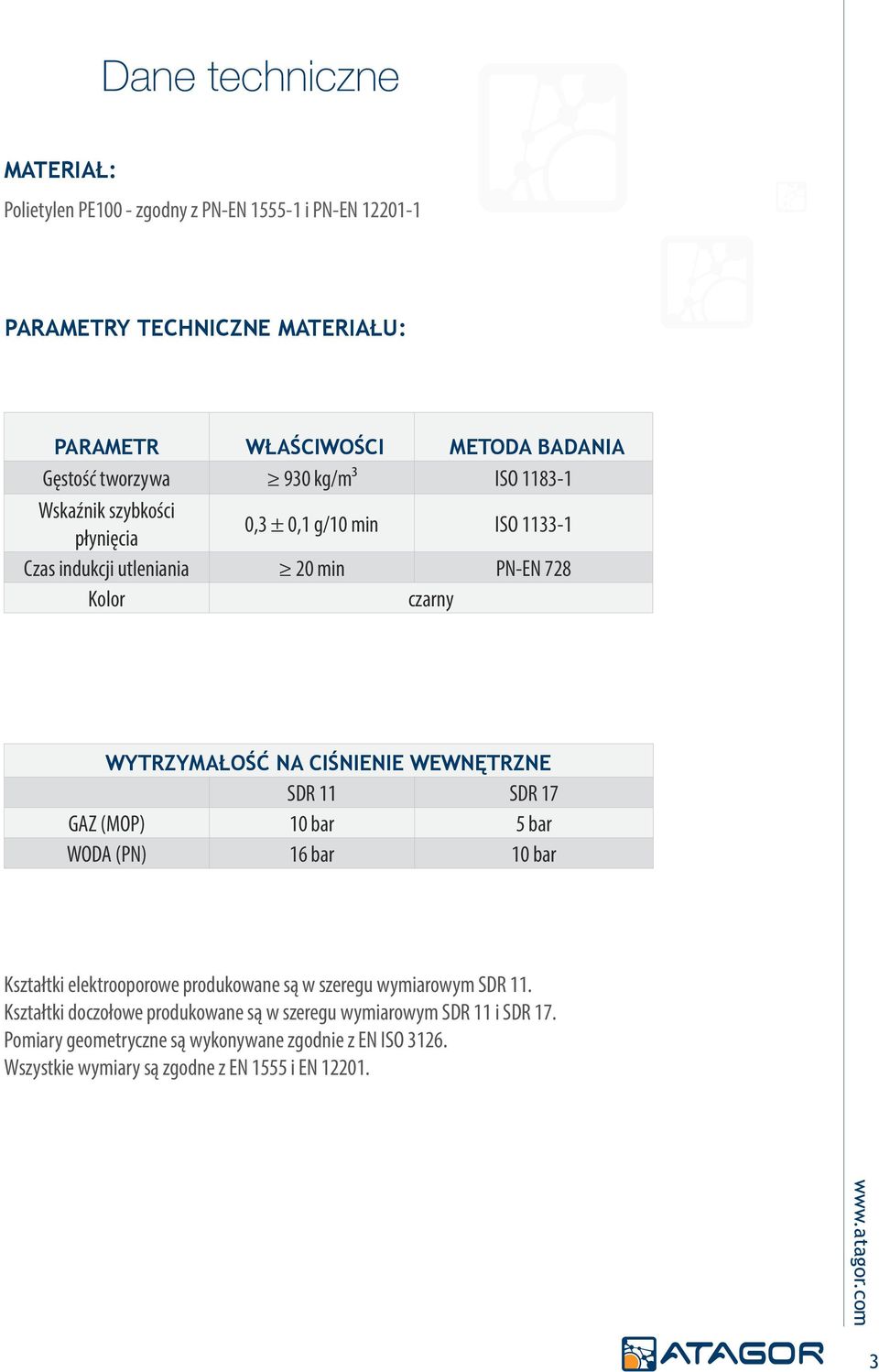 CIŚNIENIE WEWNĘTRZNE SDR 11 SDR 17 GAZ (MOP) 10 bar 5 bar WODA (PN) 16 bar 10 bar Kształtki elektrooporowe produkowane są w szeregu wymiarowym SDR 11.