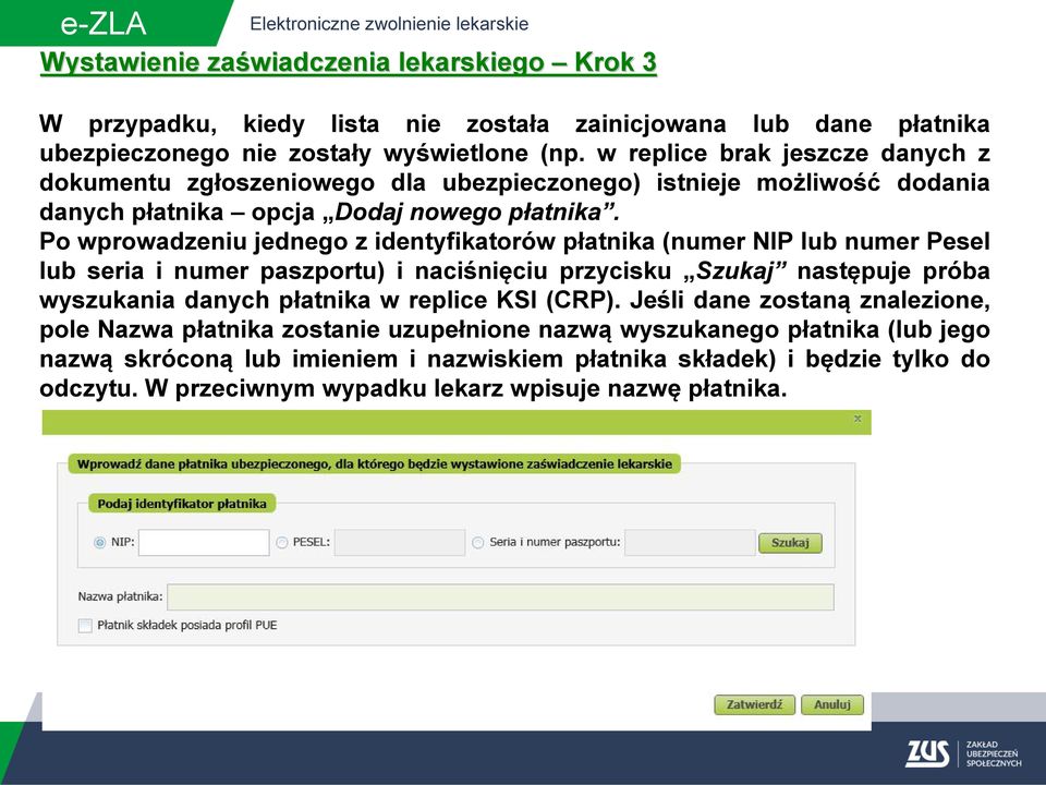 Po wprowadzeniu jednego z identyfikatorów płatnika (numer NIP lub numer Pesel lub seria i numer paszportu) i naciśnięciu przycisku Szukaj następuje próba wyszukania danych płatnika w