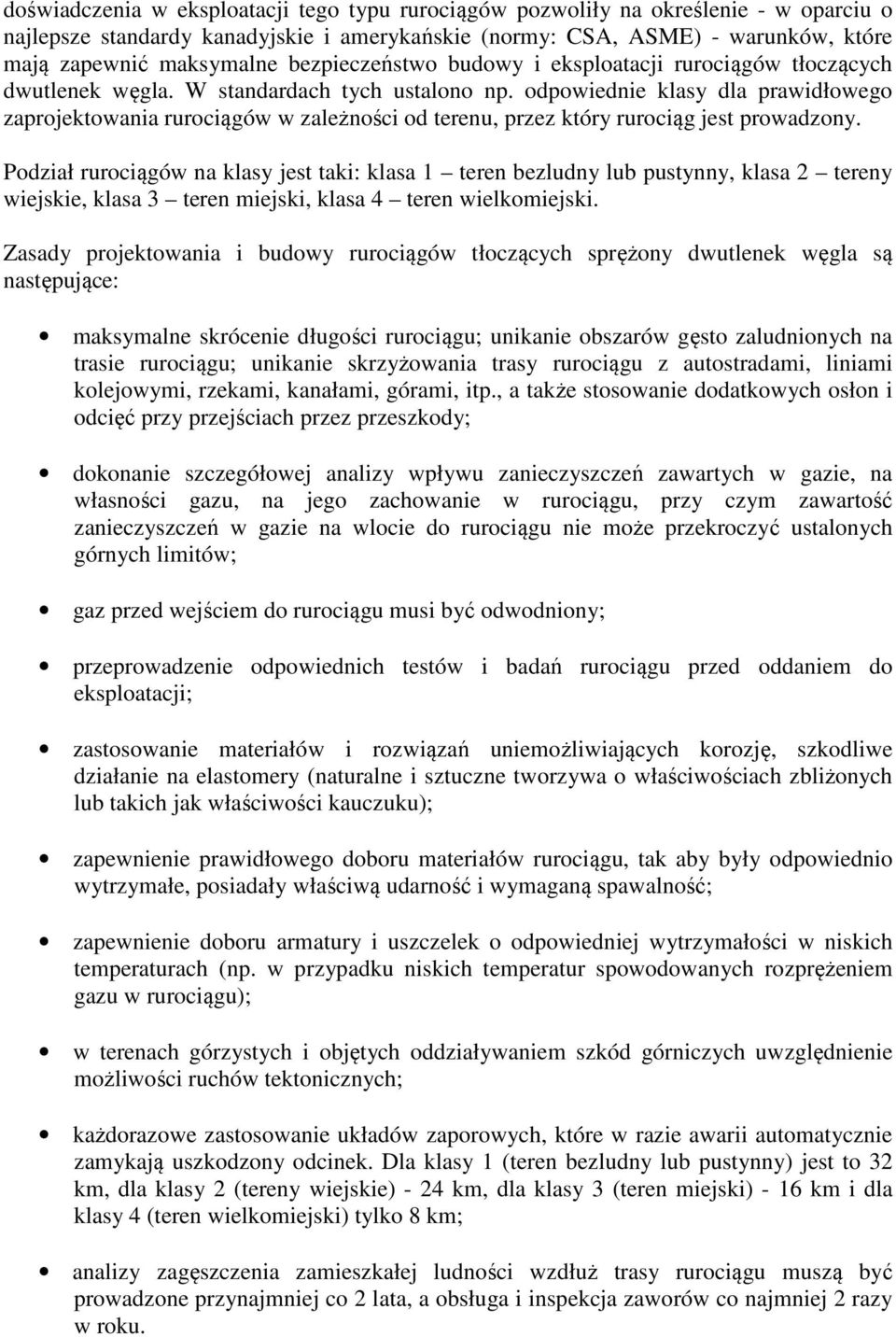 odpowiednie klasy dla prawidłowego zaprojektowania rurociągów w zależności od terenu, przez który rurociąg jest prowadzony.