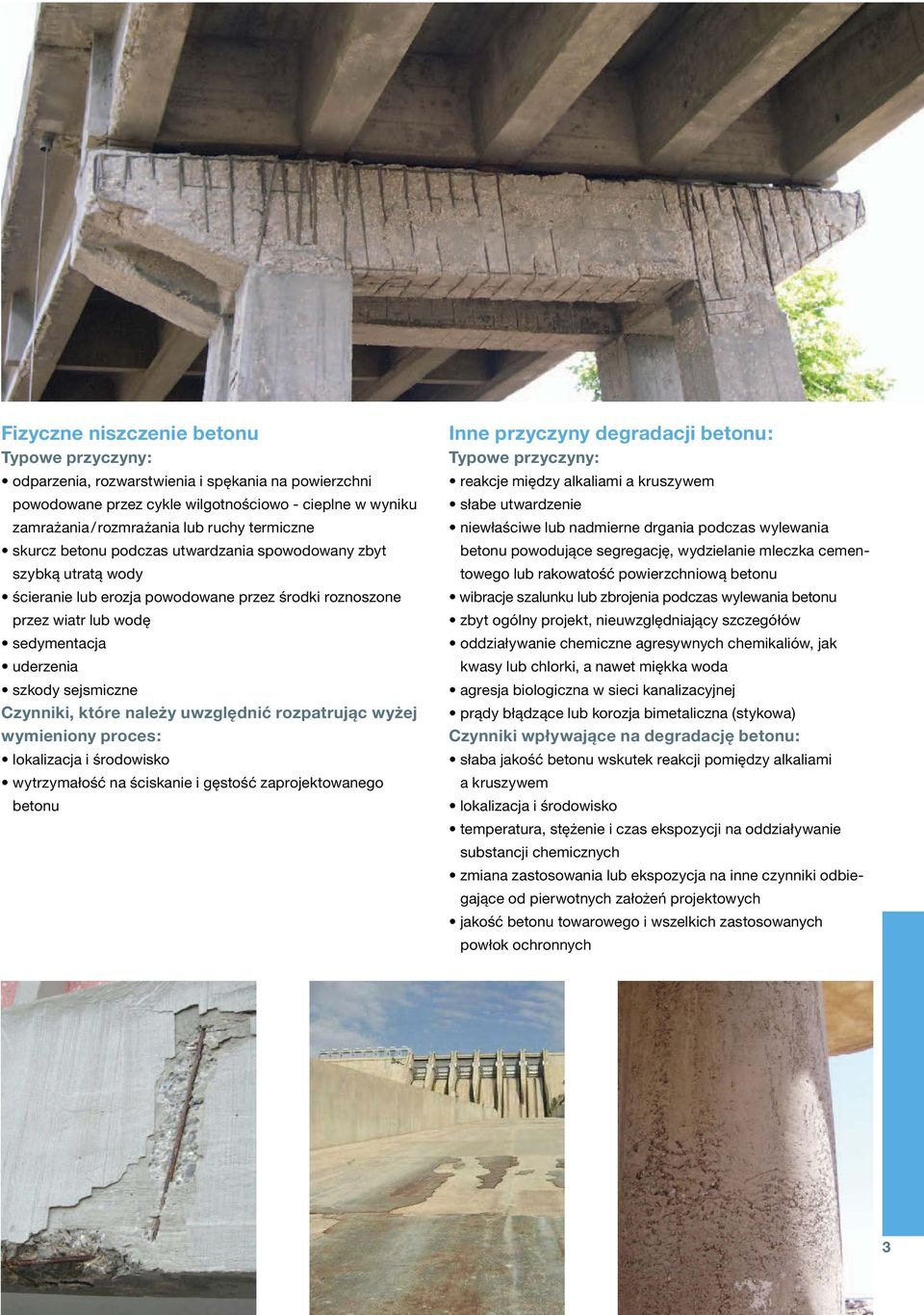które należy uwzględnić rozpatrując wyżej wymieniony proces: lokalizacja i środowisko wytrzymałość na ściskanie i gęstość zaprojektowanego betonu Inne przyczyny degradacji betonu: Typowe przyczyny: