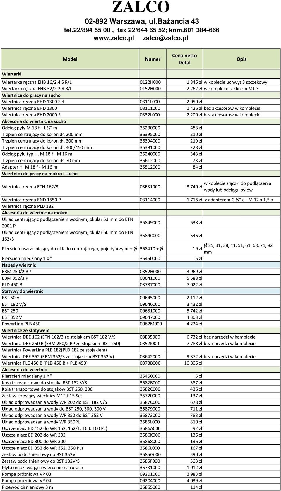 Wiertnica ręczna EHD 2000 S 0332L000 2200 zł bez akcesorów w komplecie Akcesoria do wiertnic na sucho Odciąg pyły M 18 f - 1 ¼" m 35230000 483 zł Trzpień centrujący do koron dł.