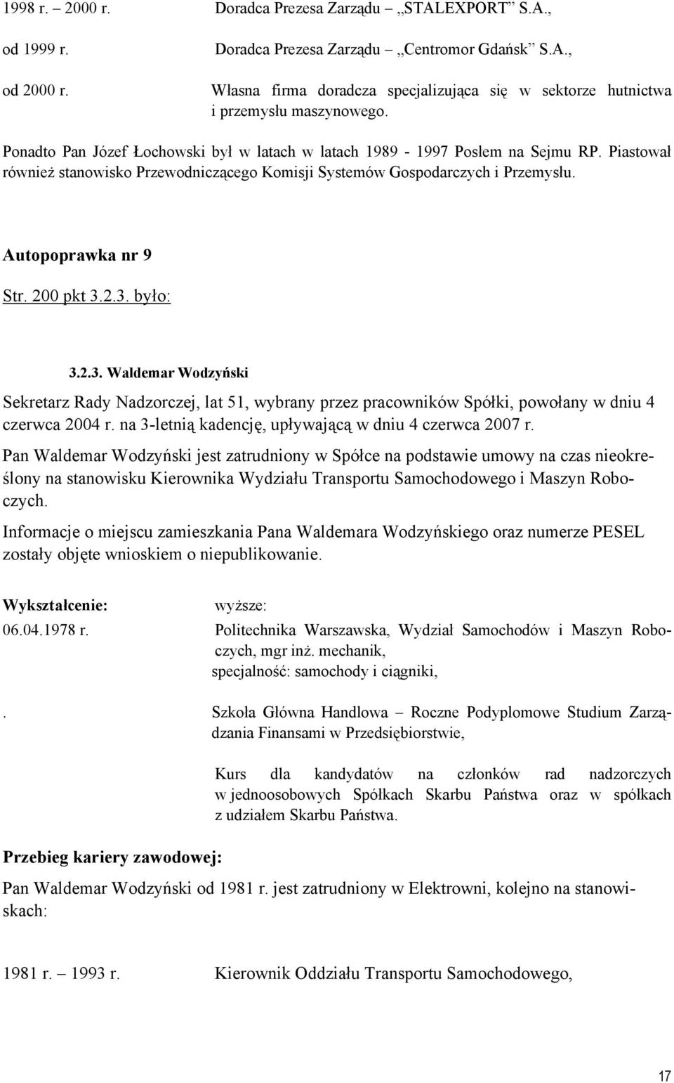 200 pkt 3.2.3. było: 3.2.3. Waldemar Wodzyński Sekretarz Rady Nadzorczej, lat 51, wybrany przez pracowników Spółki, powołany w dniu 4 czerwca 2004 r.