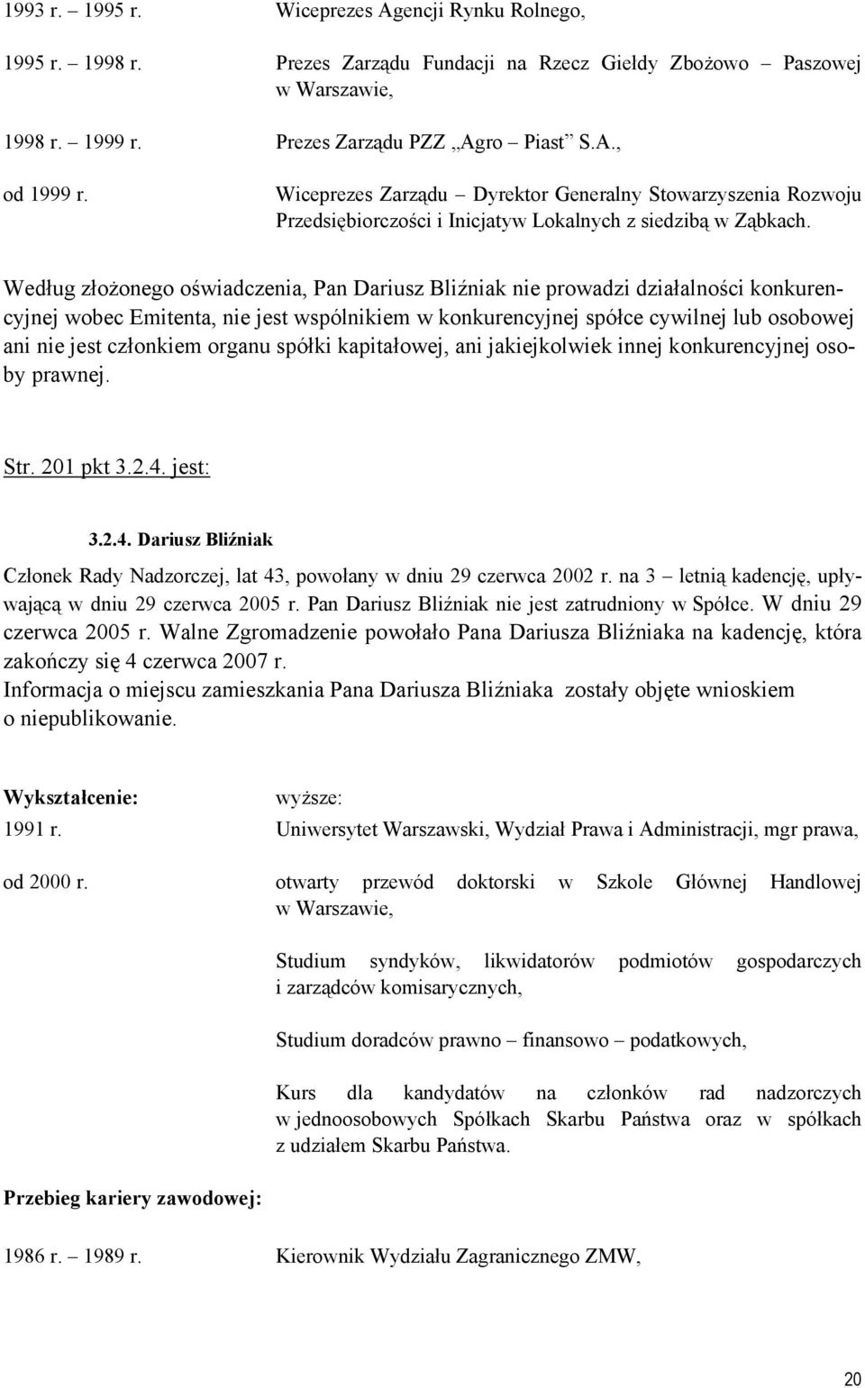 Według złożonego oświadczenia, Pan Dariusz Bliźniak nie prowadzi działalności konkurencyjnej wobec Emitenta, nie jest wspólnikiem w konkurencyjnej spółce cywilnej lub osobowej ani nie jest członkiem