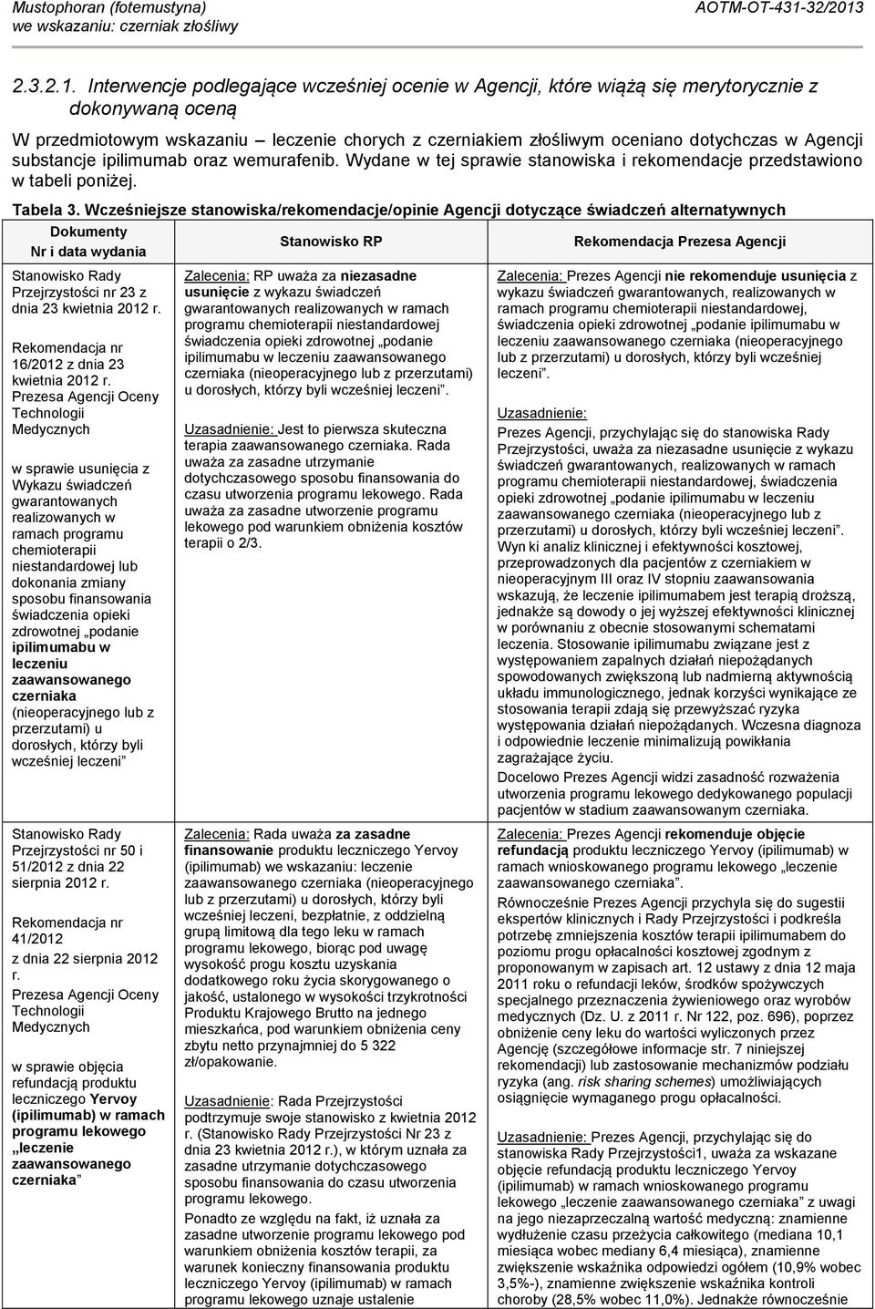 substancje ipilimumab oraz wemurafenib. Wydane w tej sprawie stanowiska i rekomendacje przedstawiono w tabeli poniżej. Tabela 3.