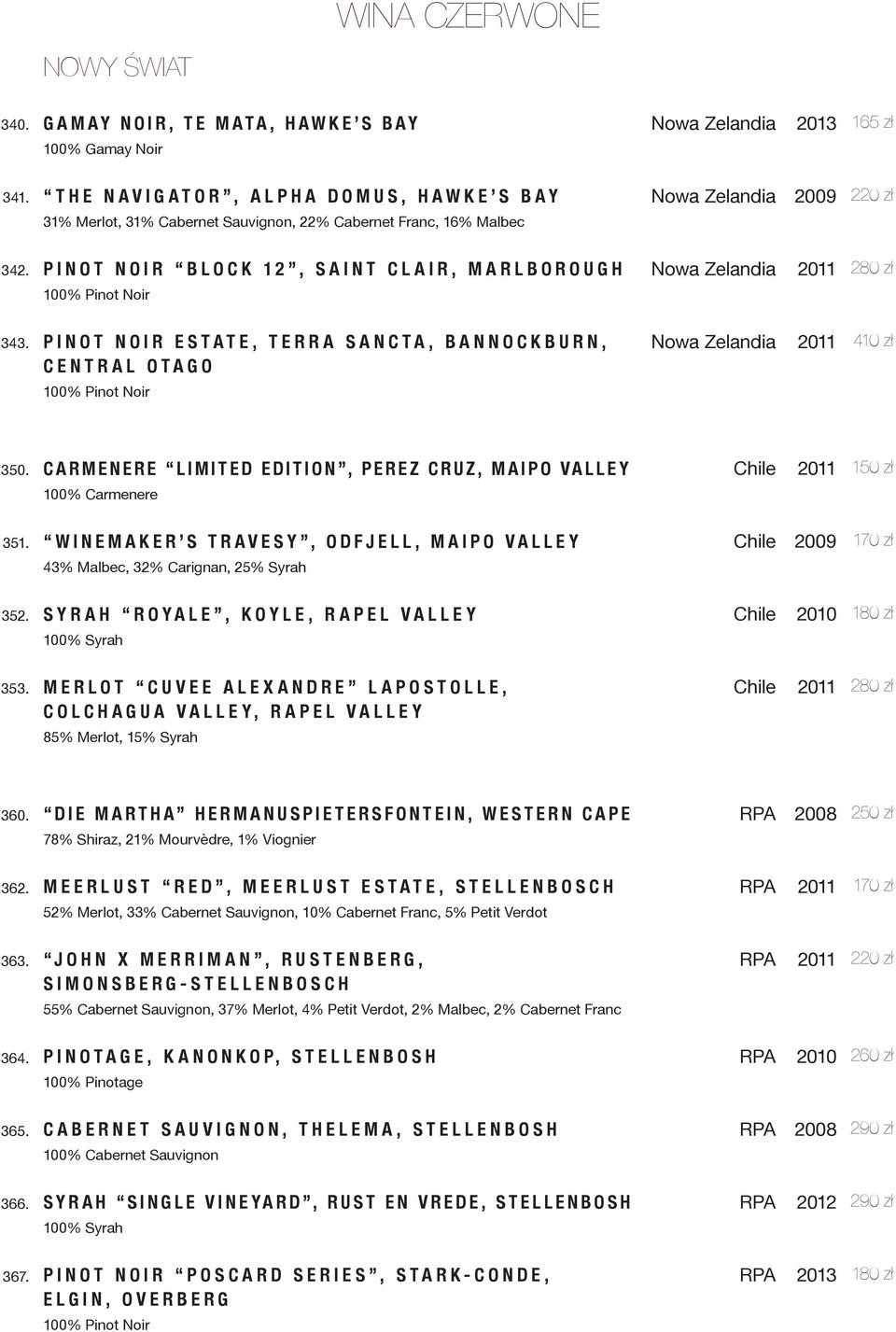PINOT NOIR ESTATE, TERRA SANCTA, BANNOCKBURN, CENTRAL OTAGO 410 zł 350. CARMENERE LIMITED EDITION, PEREZ CRUZ, MAIPO VALLEY Chile 150 zł 100% Carmenere 351.
