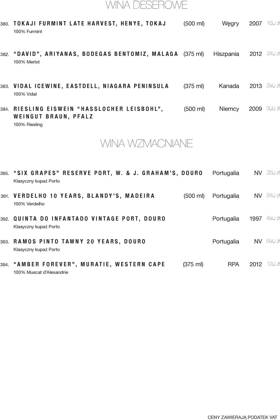 SIX GRAPES RESERVE PORT, W. & J. GRAHAM S, DOURO 250 zł Klasyczny kupaż Porto 391. VERDELHO 10 YEARS, BLANDY S, MADEIRA (500 ml) 340 zł 100% Verdelho 392.