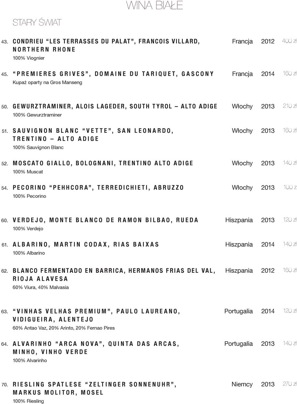 MOSCATO GIALLO, BOLOGNANI, TRENTINO ALTO ADIGE 140 zł 100% Muscat 54. PECORINO PEHHCORA, TERREDICHIETI, ABRUZZO 100 z 100% Pecorino 60.