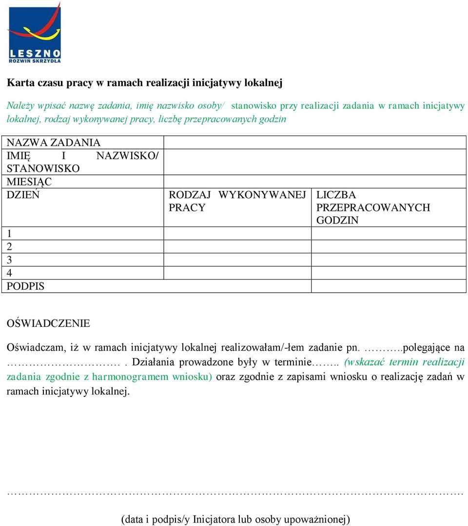 GODZIN OŚWIADCZENIE Oświadczam, iż w ramach inicjatywy lokalnej realizowałam/-łem zadanie pn...polegające na.. Działania prowadzone były w terminie.