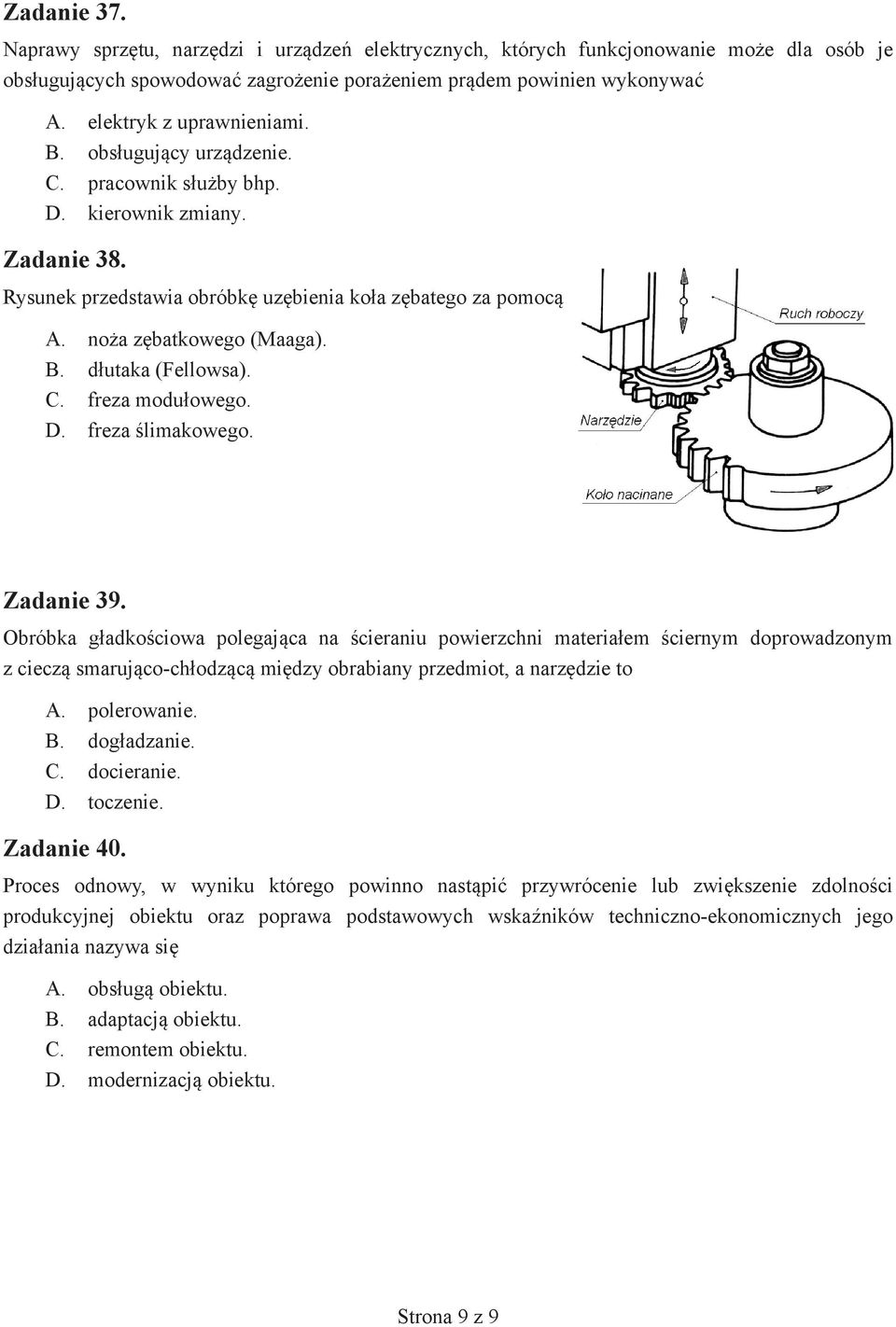 noża zębatkowego (Maaga). B. dłutaka (Fellowsa). C. freza modułowego. D. freza ślimakowego. Zadanie 39.