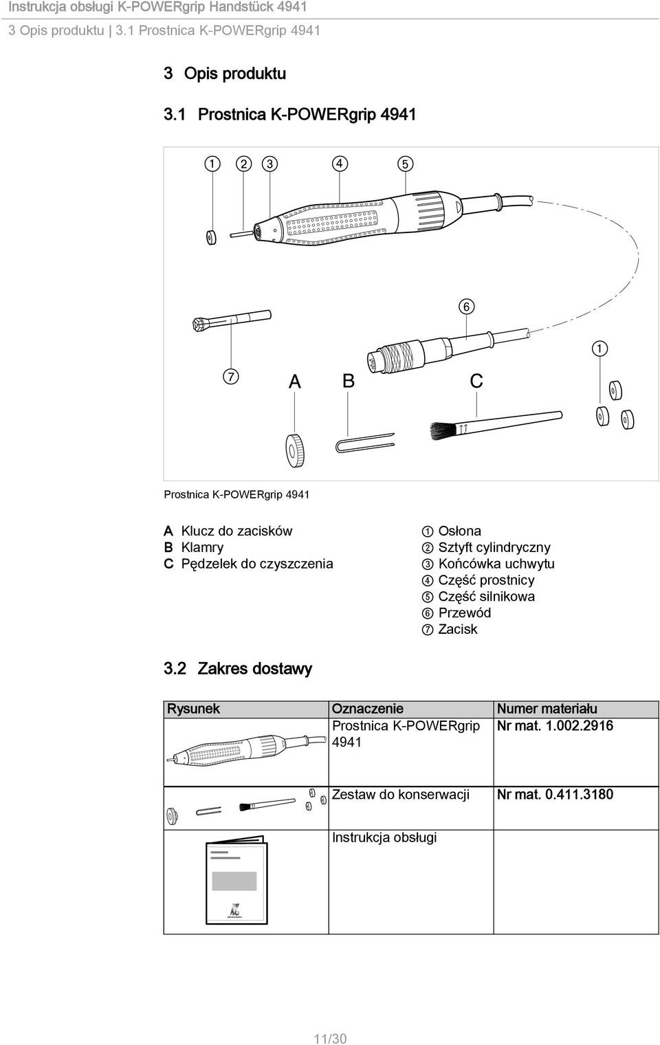 1 Osłona 2 Sztyft cylindryczny 3 Końcówka uchwytu 4 Część prostnicy 5 Część silnikowa 6 Przewód 7 Zacisk 3.