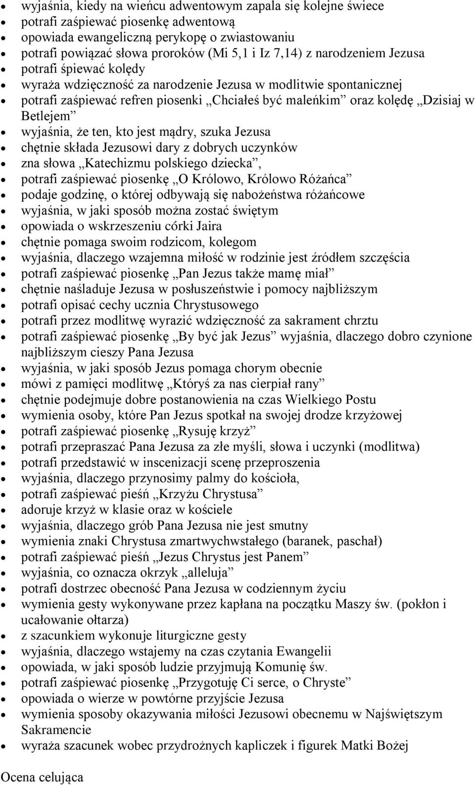 wyjaśnia, że ten, kto jest mądry, szuka Jezusa chętnie składa Jezusowi dary z dobrych uczynków zna słowa Katechizmu polskiego dziecka, potrafi zaśpiewać piosenkę O Królowo, Królowo Różańca podaje