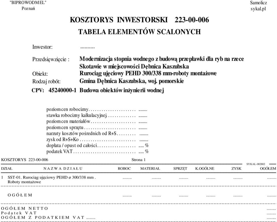..... /.. opust..... od... całości........................ podatek....... VAT................................. KOSZTORYS 223-00-006 Strona 1 DZIAŁ N A Z W A D Z I A Ł U ROBOC MATERIAŁ SPRZĘT K.