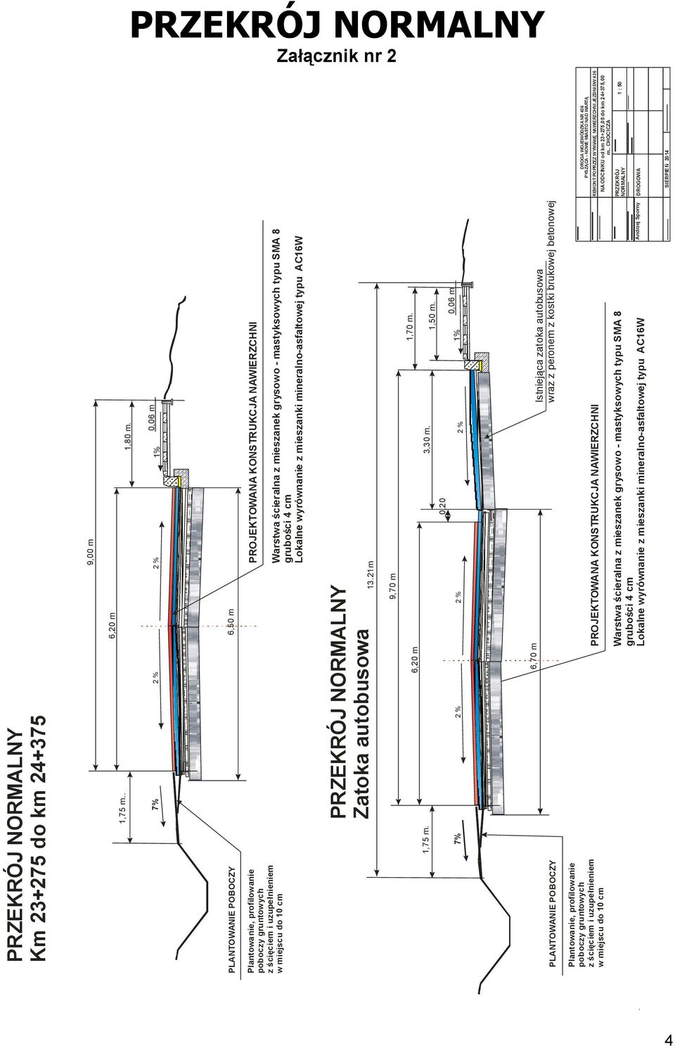 NAWIERZCHNI Warstwa ścieralna z mieszanek grysowo - mastyksowych typu SMA 8 grubości 4 cm Lokalne wyrównanie z mieszanki mineralno-asfaltowej typu AC16W PRZEKRÓJ NORMALNY Zatoka autobusowa 13.