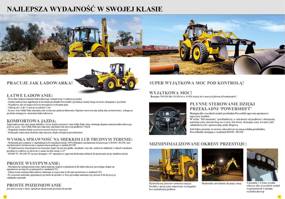 dostępnej w joysticku - Wyjątkowa ziła zrywająca na łyżce przyspiesza wykonanie prac - Udźwig od 3,2 do 3,5 ton na wysokości 3,5m - System Auto-Glide Ride automatycznie wyłączany podczas ładowania.