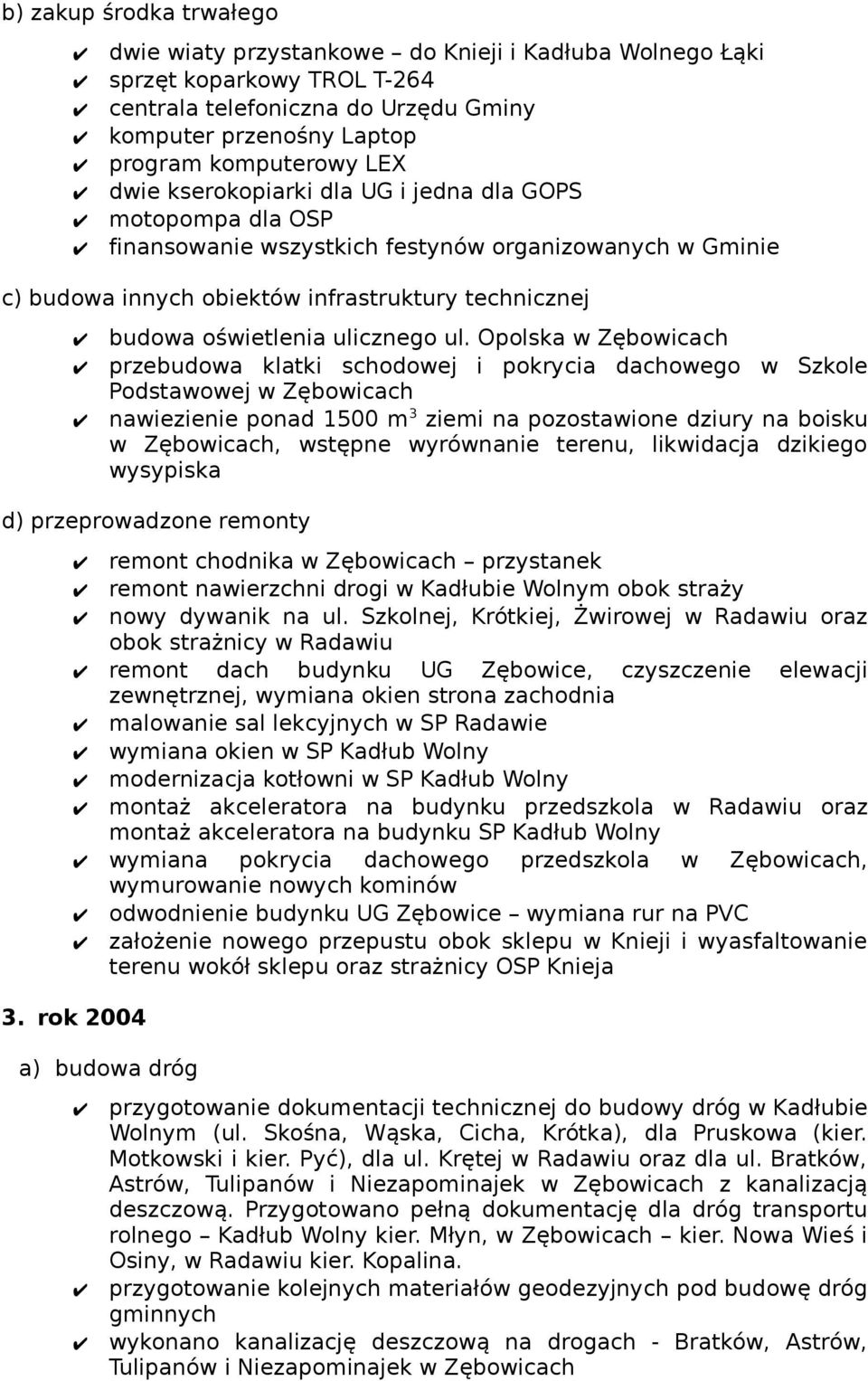 ul. Opolska w Zębowicach przebudowa klatki schodowej i pokrycia dachowego w Szkole Podstawowej w Zębowicach nawiezienie ponad 1500 m 3 ziemi na pozostawione dziury na boisku w Zębowicach, wstępne