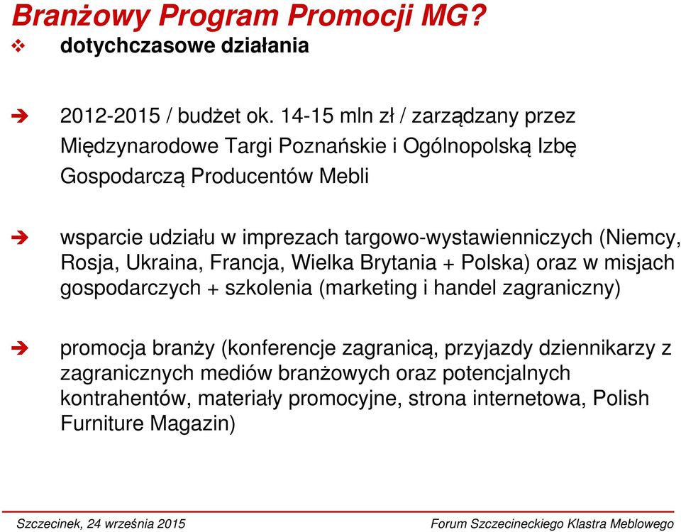 targowo-wystawienniczych (Niemcy, Rosja, Ukraina, Francja, Wielka Brytania + Polska) oraz w misjach gospodarczych + szkolenia (marketing i