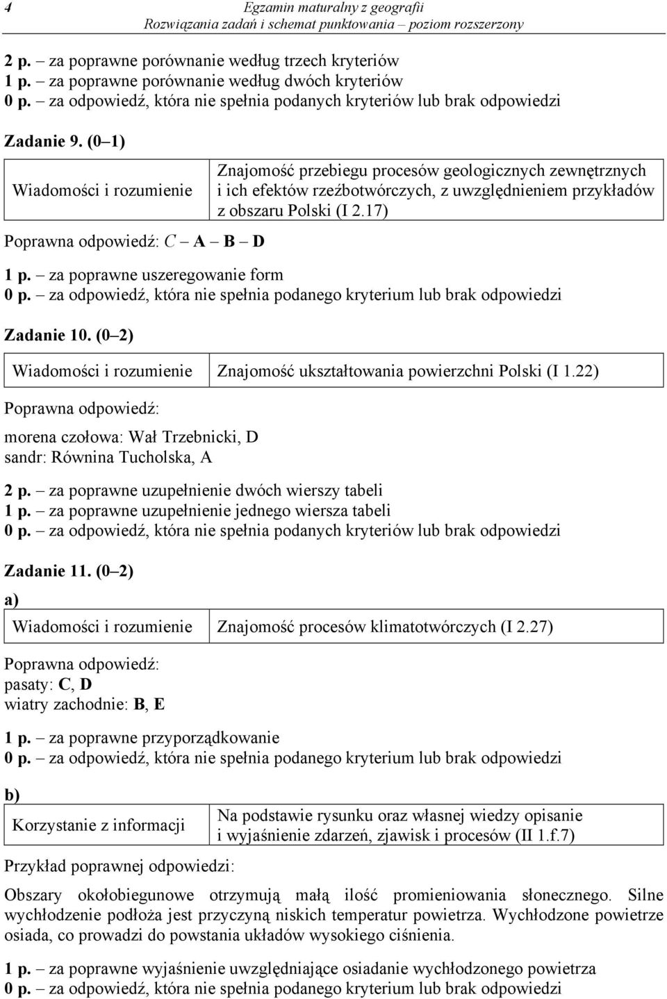 za poprawne uszeregowanie form Zadanie 10. (0 2) Znajomość ukształtowania powierzchni Polski (I 1.22) morena czołowa: Wał Trzebnicki, D sandr: Równina Tucholska, A 2 p.