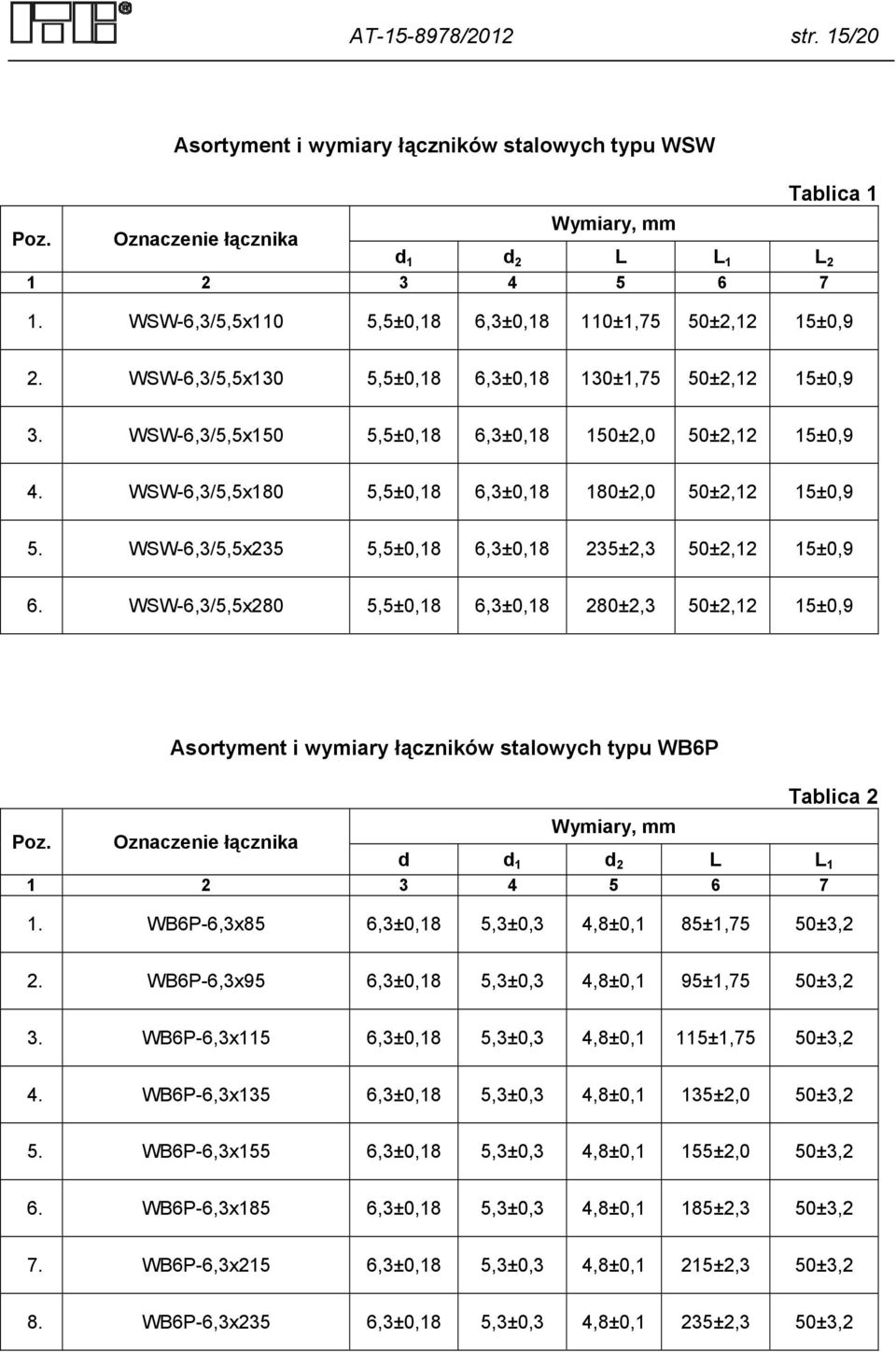 WSW-6,3/5,5x180 5,5±0,18 6,3±0,18 180±2,0 50±2,12 15±0,9 5. WSW-6,3/5,5x235 5,5±0,18 6,3±0,18 235±2,3 50±2,12 15±0,9 6.