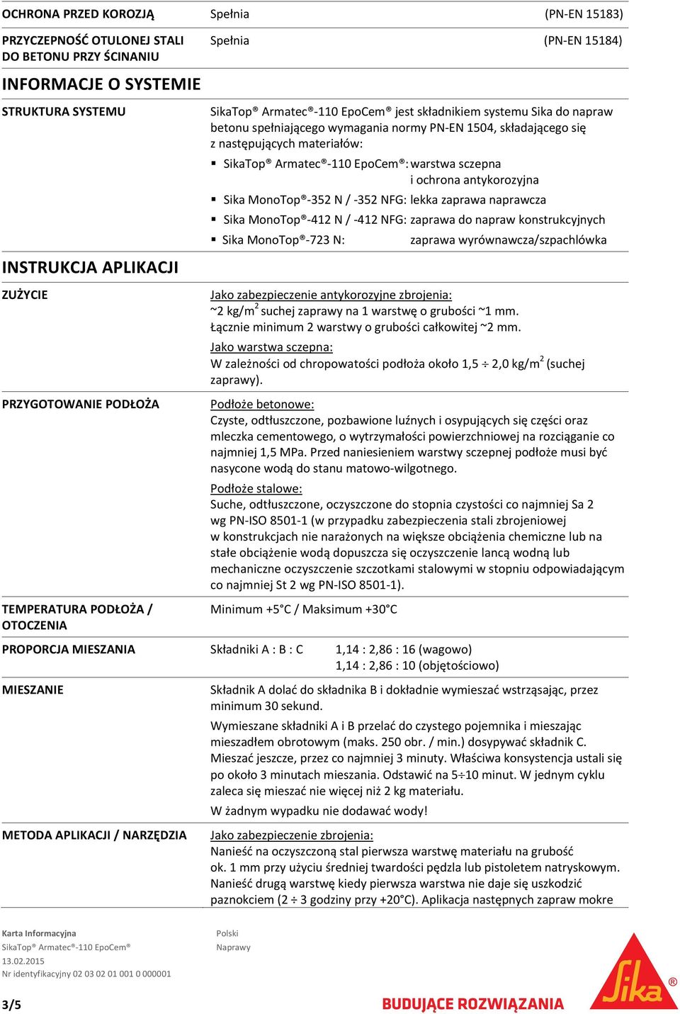 MonoTop 412 N / 412 NFG: zaprawa do napraw konstrukcyjnych Sika MonoTop 723 N: zaprawa wyrównawcza/szpachlówka INSTRUKCJA APLIKACJI ZUŻYCIE PRZYGOTOWANIE PODŁOŻA TEMPERATURA PODŁOŻA / OTOCZENIA Jako