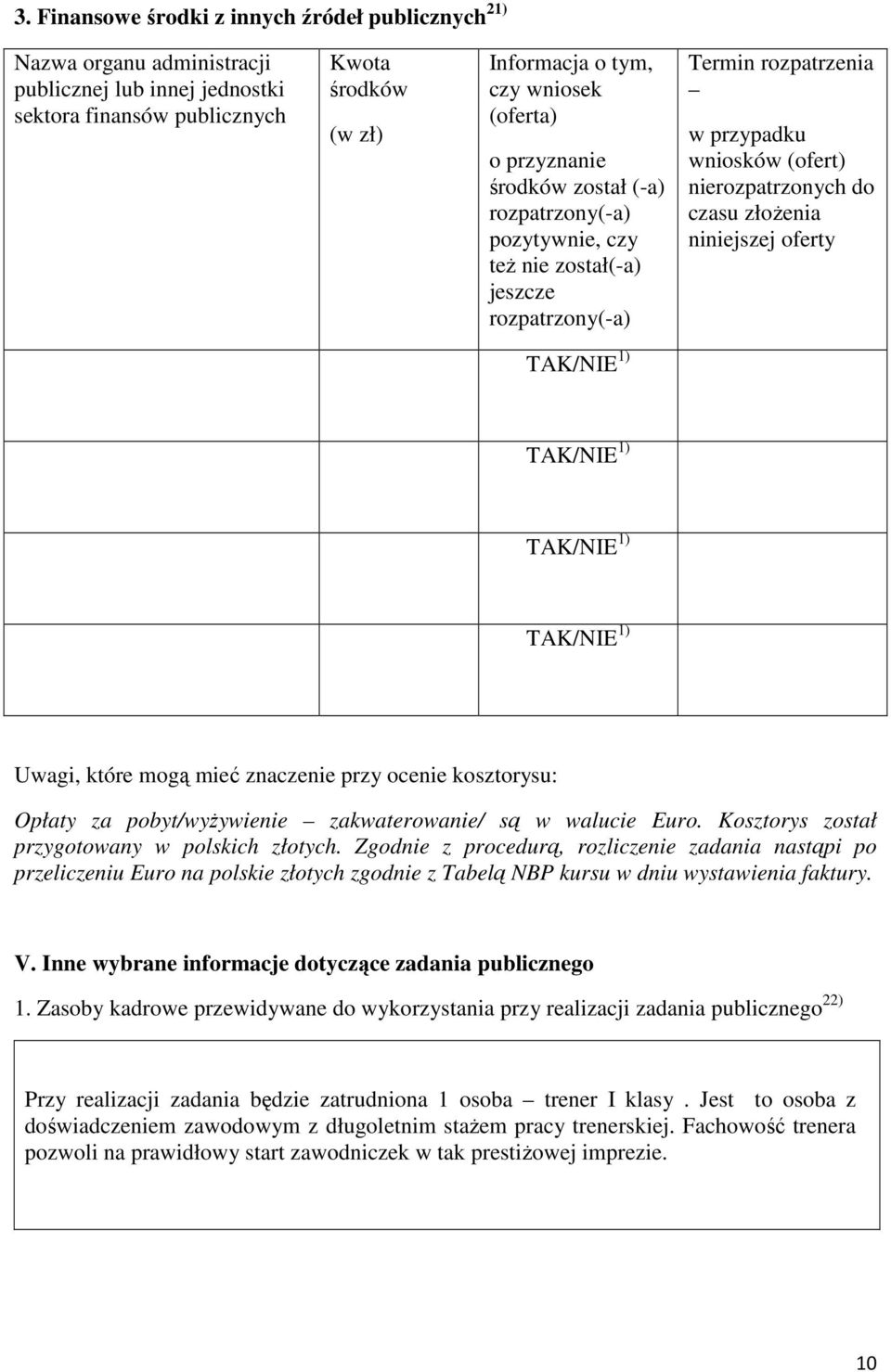 niniejszej oferty TAK/NIE 1) TAK/NIE 1) TAK/NIE 1) TAK/NIE 1) Uwagi, które mogą mieć znaczenie przy ocenie kosztorysu: Opłaty za pobyt/wyŝywienie zakwaterowanie/ są w walucie Euro.