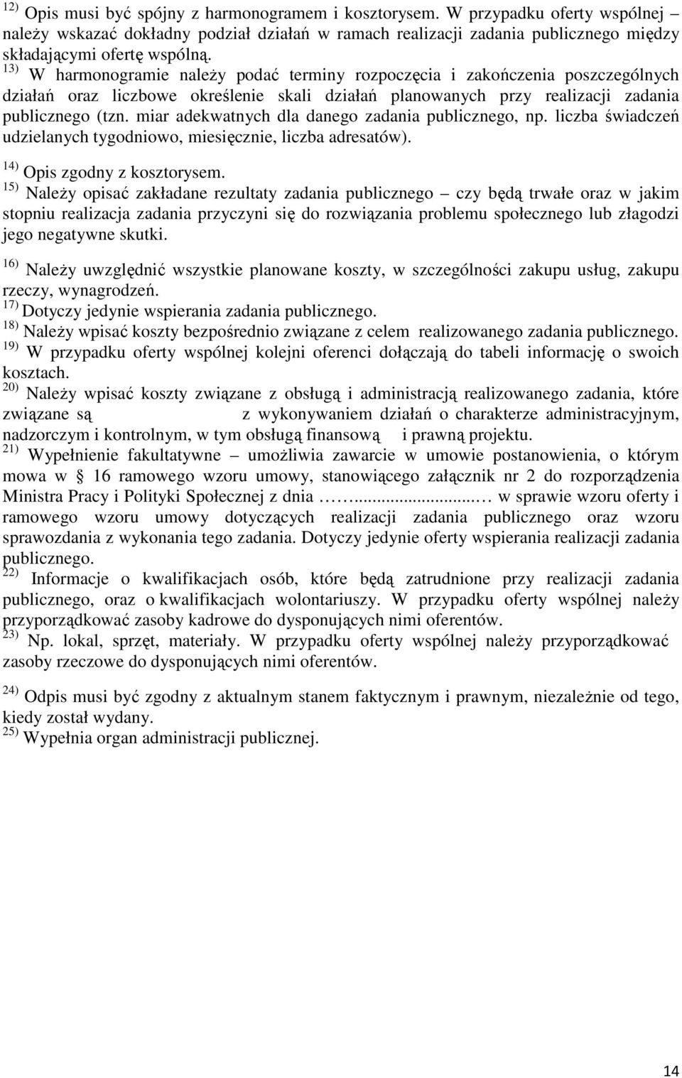 miar adekwatnych dla danego zadania publicznego, np. liczba świadczeń udzielanych tygodniowo, miesięcznie, liczba adresatów). 14) Opis zgodny z kosztorysem.