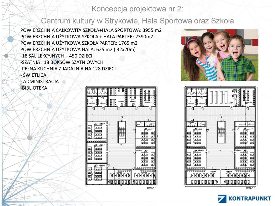 SZKOŁA PARTER: 1765 m2 POWIERZCHNIA UŻYTKOWA HALA: 625 m2 ( 32x20m) -18 SAL LEKCYJNYCH - 450 DZIECI